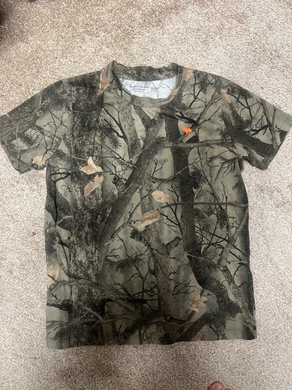 abercrombie kids Green Camo Tree Print Tee with Orange Moose Logo